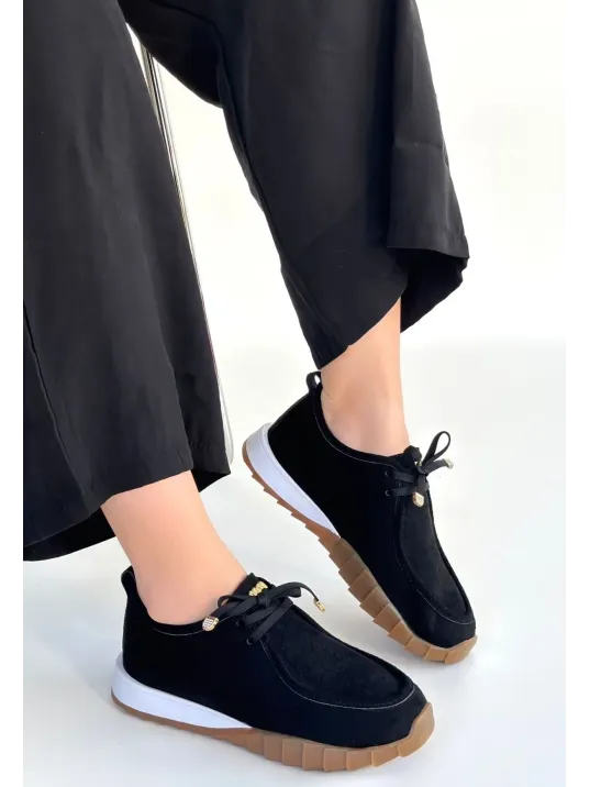 Sier Siyah Süet Bağcıklı Spor Ayakkabı