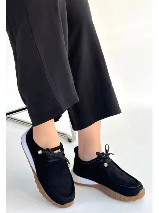 Sier Siyah Süet Bağcıklı Spor Ayakkabı