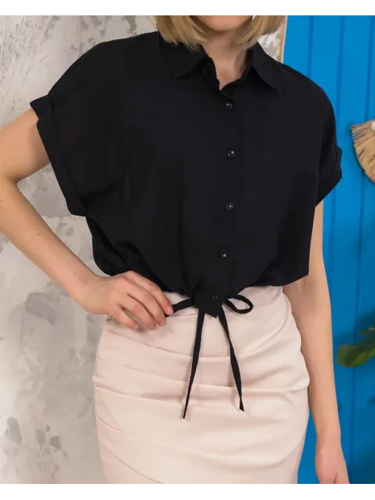 Sıfır Kollu Bağlamalı Crop Gömlek Siyah S255359