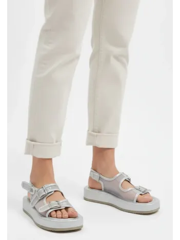 Sinna Gümüş Cilt Tül Detaylı Sandalet Sinna Gümüş Cilt Tül Detaylı Sandalet