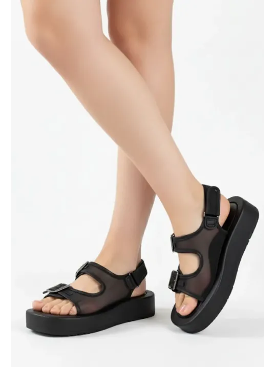 Sinna Siyah Cilt Tül Detaylı Sandalet Sinna Siyah Cilt Tül Detaylı Sandalet