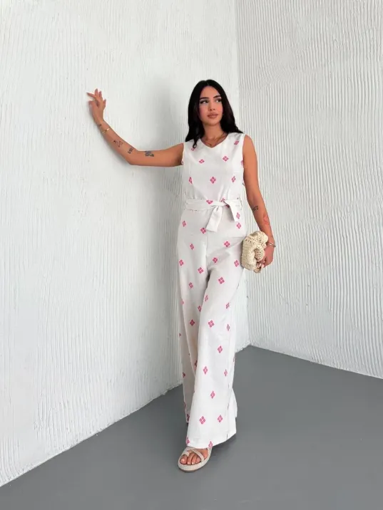 Sırt Dekolteli Keten Beyaz Tulum S1036