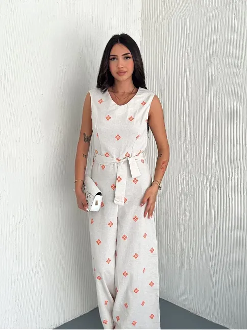 Sırt Dekolteli Keten Beyaz Tulum S1036