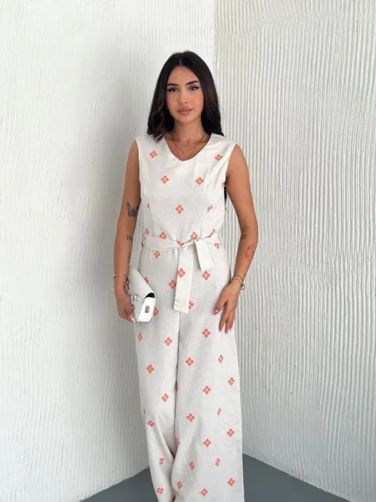 Sırt Dekolteli Keten Beyaz Tulum S1036