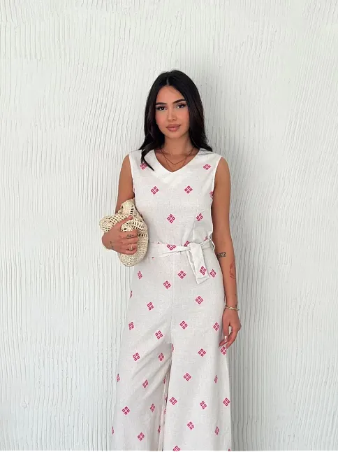 Sırt Dekolteli Keten Beyaz Tulum S1036
