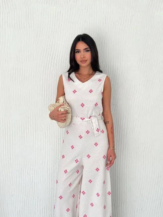 Sırt Dekolteli Keten Beyaz Tulum S1036