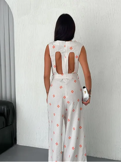 Sırt Dekolteli Keten Beyaz Tulum S1036