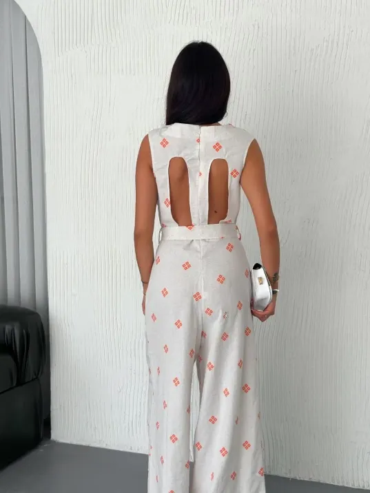 Sırt Dekolteli Keten Beyaz Tulum S1036