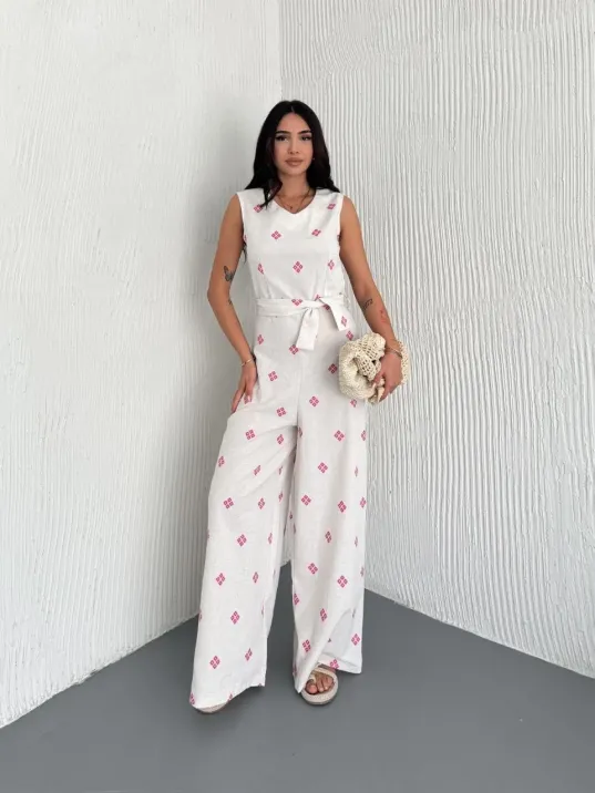 Sırt Dekolteli Keten Beyaz Tulum S1036