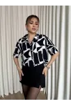 Siyah Beyaz Baskılı Crop Gömlek