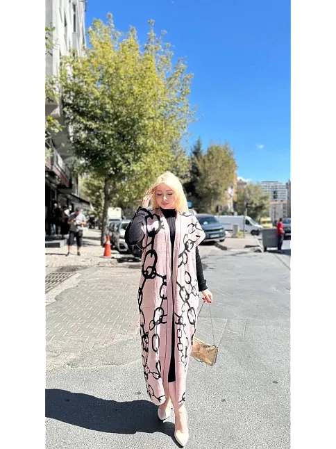 Siyah Çizgi Desenli Elbiseli Hırka Takım Pudra Siyah