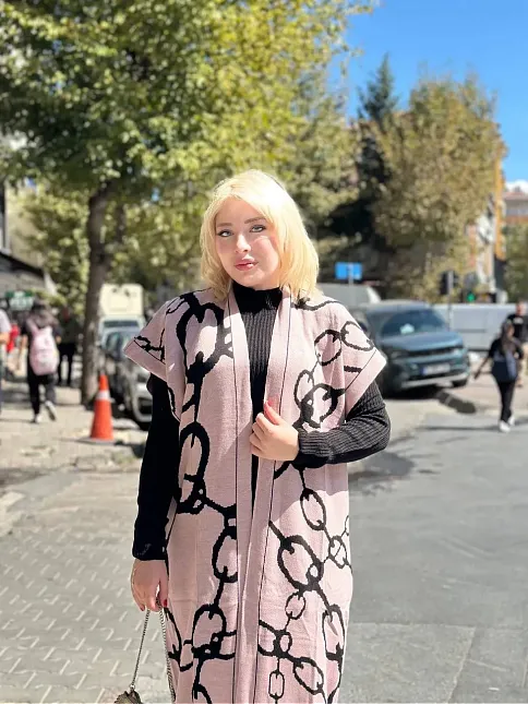Siyah Çizgi Desenli Elbiseli Hırka Takım Pudra Siyah