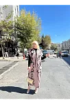 Siyah Çizgi Desenli Elbiseli Hırka Takım Pudra Siyah