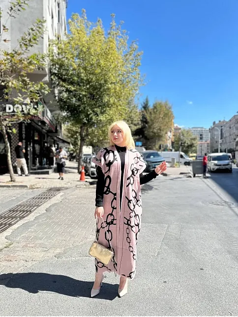Siyah Çizgi Desenli Elbiseli Hırka Takım Pudra Siyah
