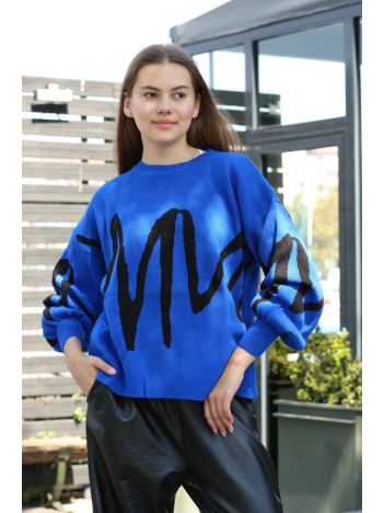 Siyah çizgili bisiklet yaka kazak Saks Siyah çizgili bisiklet yaka kazak Saks