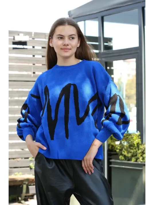 Siyah Çizgili Bisiklet Yaka Kazak Saks