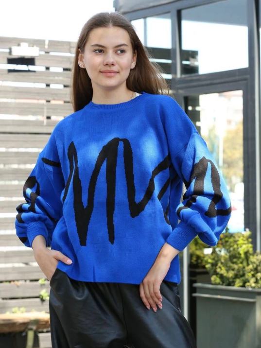 Siyah çizgili bisiklet yaka kazak Saks Siyah çizgili bisiklet yaka kazak Saks