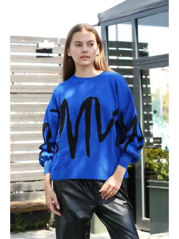 Siyah Çizgili Bisiklet Yaka Kazak Saks