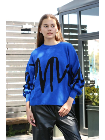 Siyah çizgili bisiklet yaka kazak Saks Siyah çizgili bisiklet yaka kazak Saks