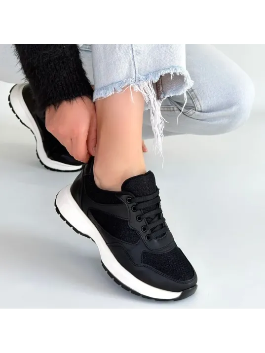 Slar Siyah Cilt Simli Bağcıklı Spor Ayakkabı