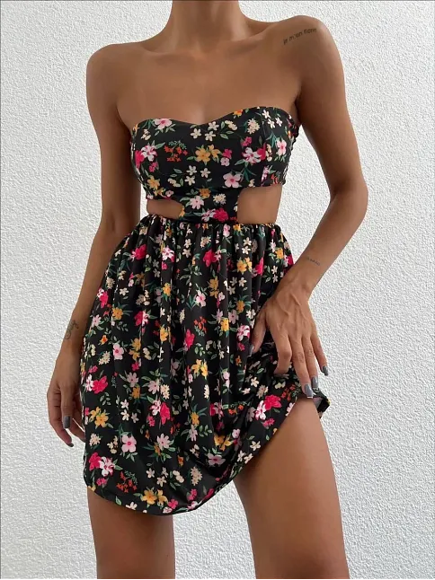 Straplez Elbise Baskılı