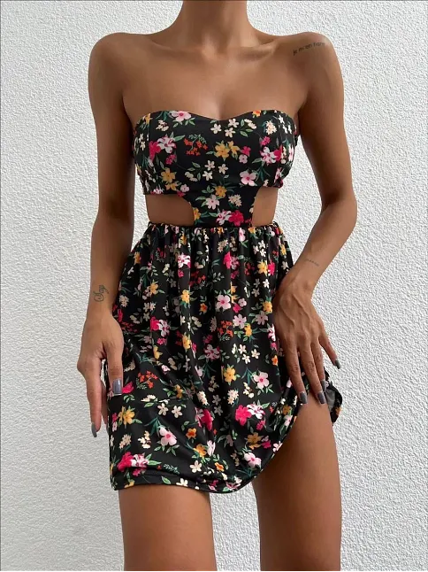 Straplez Elbise Baskılı