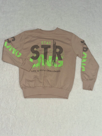 Sty yeşil siyah yazı baskılı bisiklet yaka erkek çocuk sweatshirt vizon