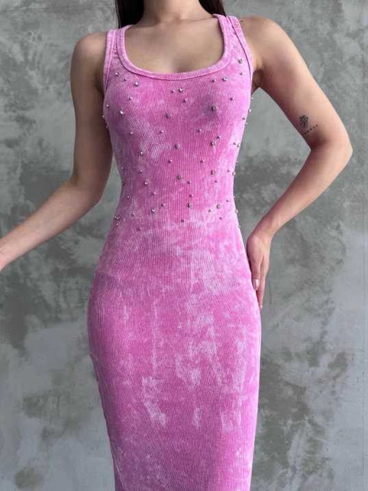 Taşlı askılı elbise