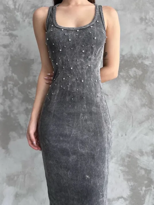 Taşlı Askılı Elbise