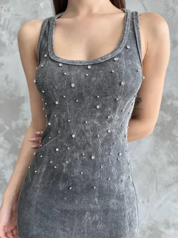 Taşlı Askılı Elbise