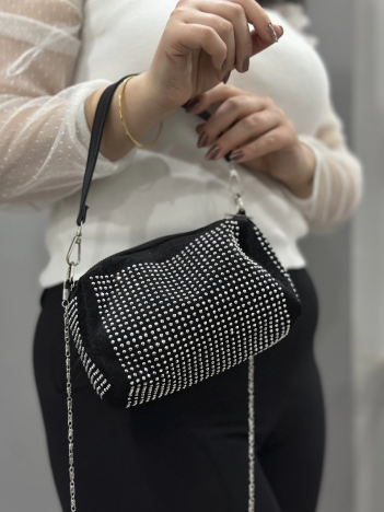 Taşlı Siyah Cilt Çanta