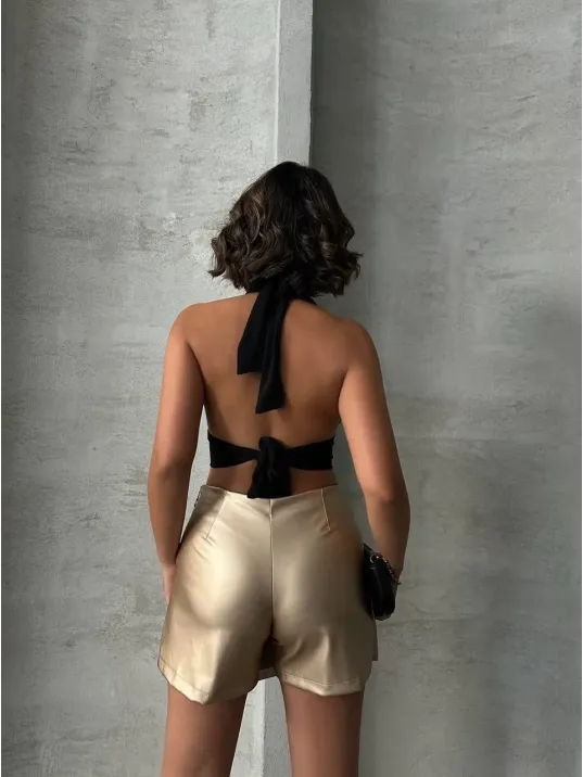 Taşlı Şort Etek Deri Gold H240018