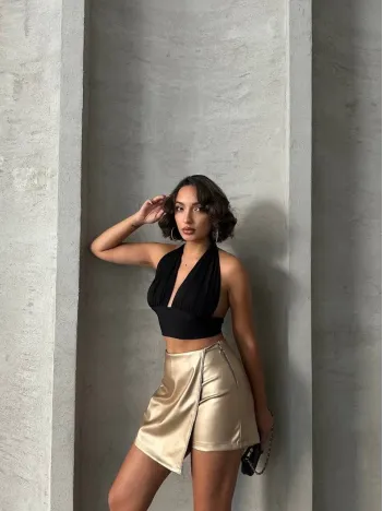 Taşlı Şort Etek Deri Gold H240018