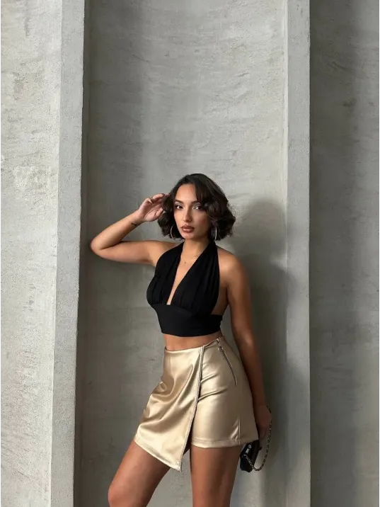 Taşlı Şort Etek Deri Gold H240018