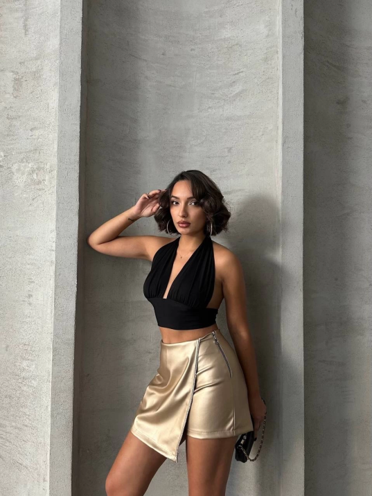 Taşlı şort etek deri gold h240018 Taşlı şort etek deri gold h240018