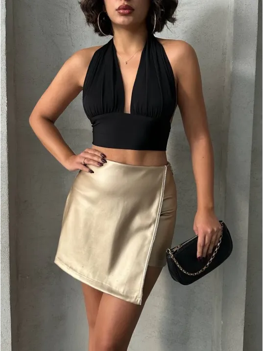 Taşlı Şort Etek Deri Gold H240018