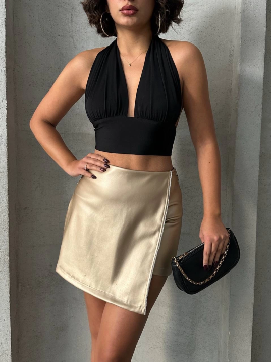 Taşlı şort etek deri gold h240018 Taşlı şort etek deri gold h240018