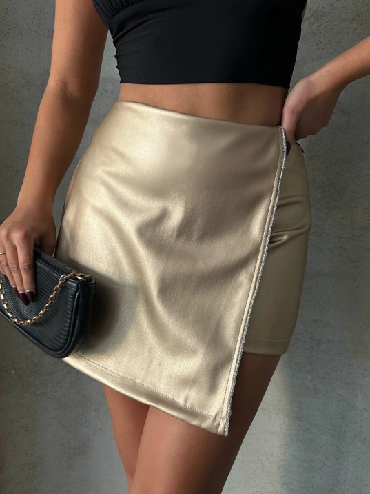 Taşlı şort etek deri gold h240018 Taşlı şort etek deri gold h240018
