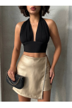 Taşlı Şort Etek Deri Gold H240018