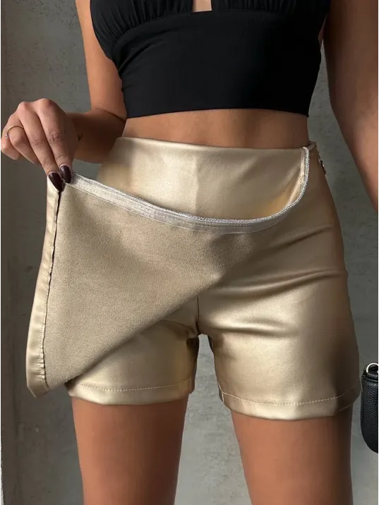 Taşlı Şort Etek Deri Gold H240018