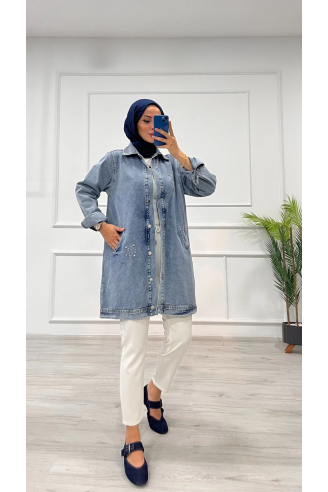 Taşlı tunik ceket kar yıkama orta mavi d2516
