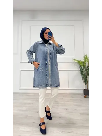 Taşlı Tunik Ceket Kar Yıkama Orta Mavi D2516