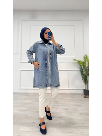 Taşlı tunik ceket kar yıkama orta mavi d2516 Taşlı tunik ceket kar yıkama orta mavi d2516