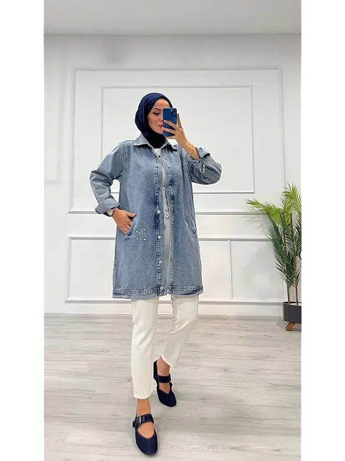 Taşlı Tunik Ceket Kar Yıkama Orta Mavi D2516