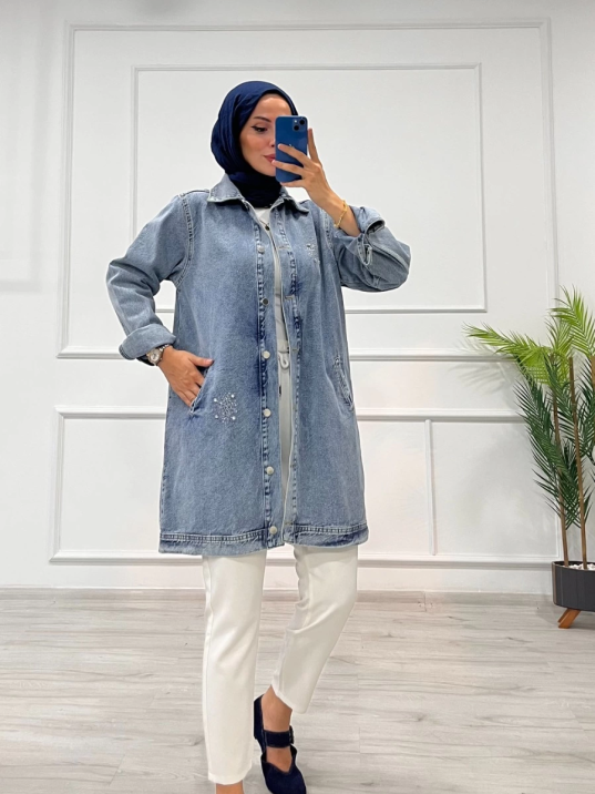 Taşlı tunik ceket kar yıkama orta mavi d2516 Taşlı tunik ceket kar yıkama orta mavi d2516