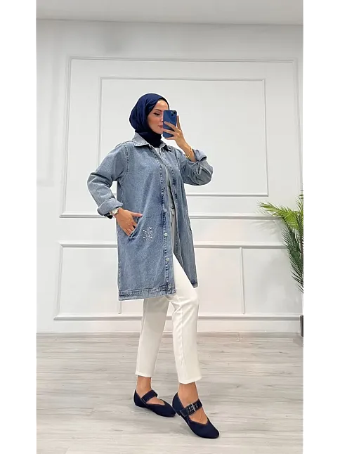 Taşlı Tunik Ceket Kar Yıkama Orta Mavi D2516