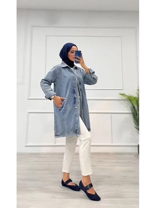 Taşlı Tunik Ceket Kar Yıkama Orta Mavi D2516 Taşlı Tunik Ceket Kar Yıkama Orta Mavi D2516