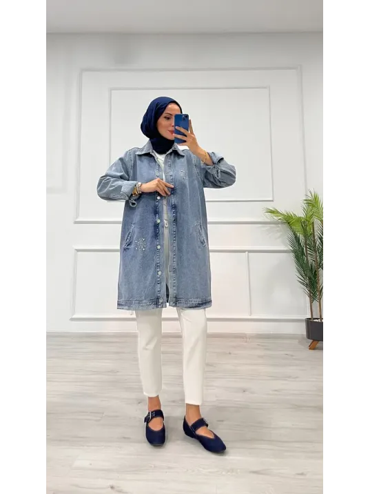 Taşlı Tunik Ceket Kar Yıkama Orta Mavi D2516 Taşlı Tunik Ceket Kar Yıkama Orta Mavi D2516