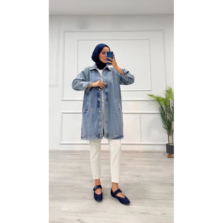 Taşlı tunik ceket kar yıkama orta mavi d2516 Taşlı tunik ceket kar yıkama orta mavi d2516