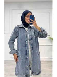 Taşlı Tunik Ceket Kar Yıkama Orta Mavi D2516